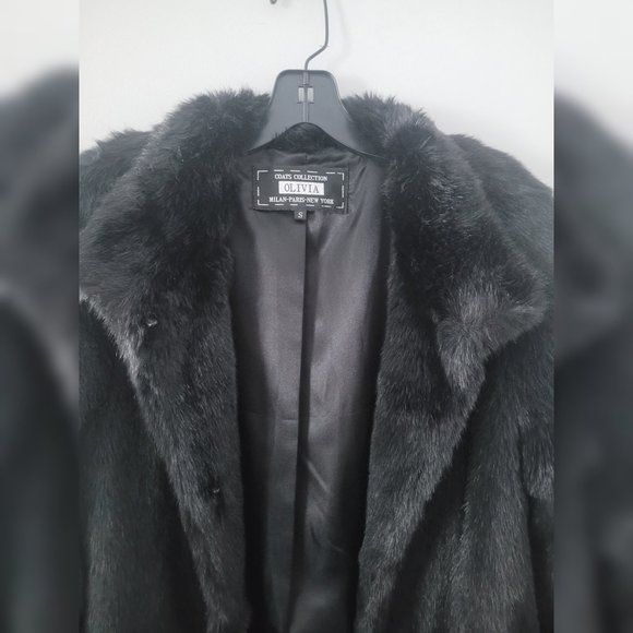 Olivia Black Faux Fur Open Front Winter Lapel Jacket/Coat Size Small - Picture 3 of 11
